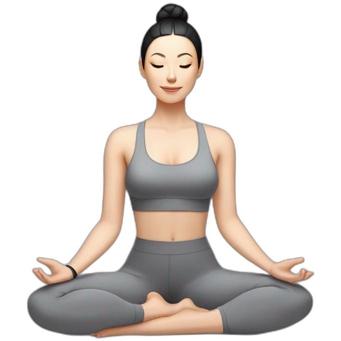 Pale skinned fit woman In a gray tight yoga suit and wristbands With black hair in a bun sits in the lotus position emoji