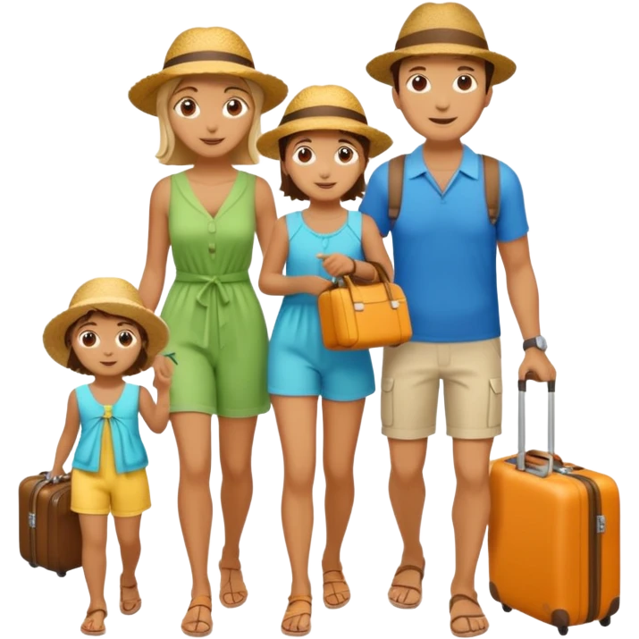 family of Italian tourists, parents and two kids, summer outfits, carrying suitcases emoji