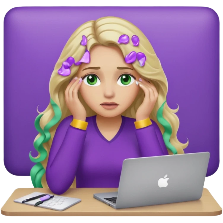 lady with long wavy blonde hair, purple top, green eyes, elbow on desk with hand on face, with a purple mac laptop tears rolling down her face as shes sick. emoji