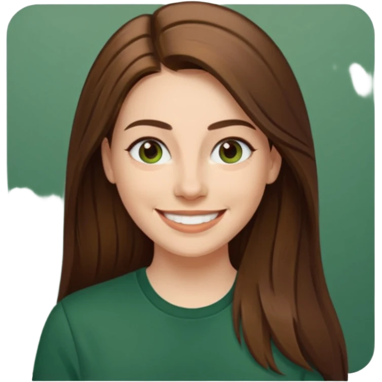 30 yr Caucasian woman long brown straight hair parted on side dark green shirt big smile emoji