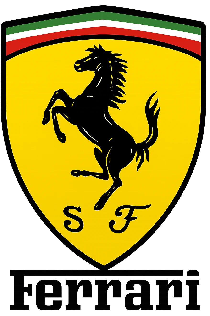 Ferrari logo, iconic prancing horse, yellow shield, red, black, and green accents, clean and bold, suitable for branding emoji