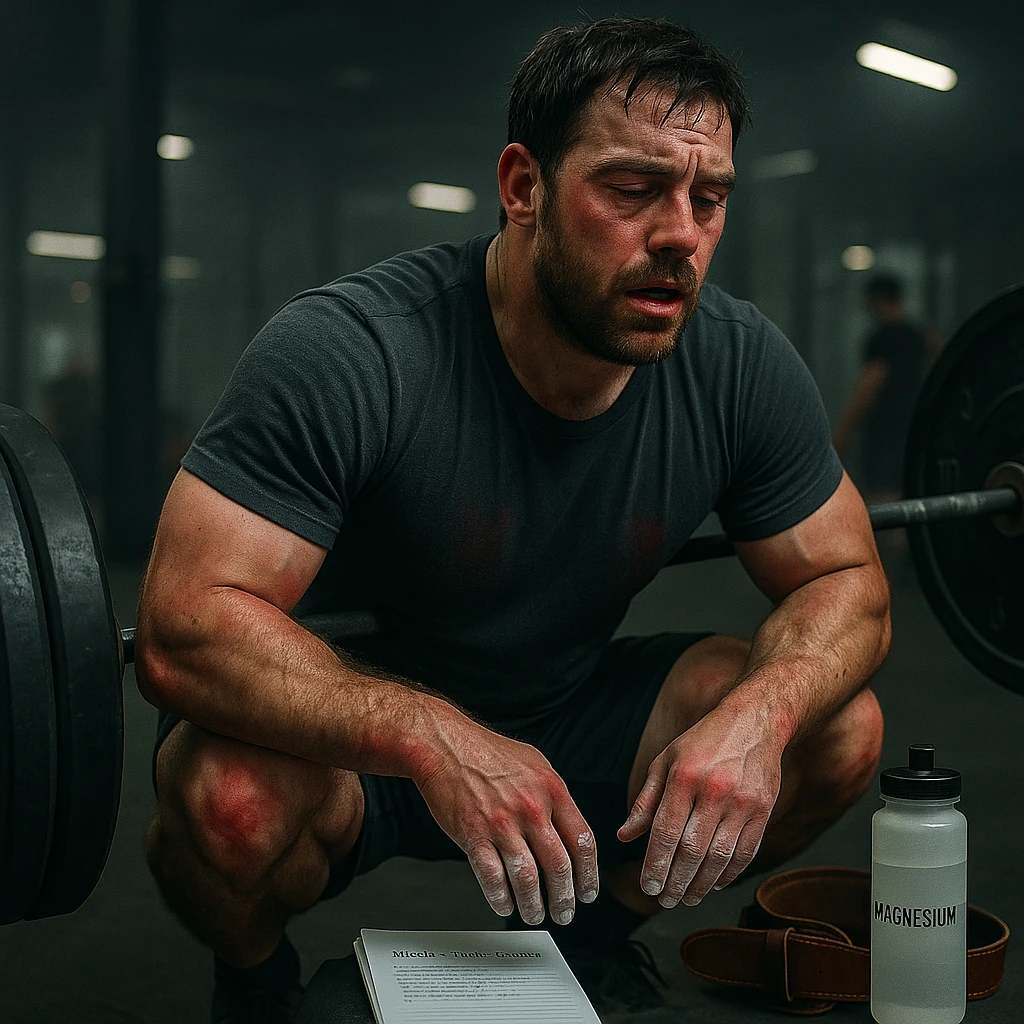 In the style and palette of the reference image, show a muscular 30-year-old man doing a heavy squat in a gym, tired face, hands with chalk, diary nearby, dark circles and redness on joints. On the floor: water bottle, magnesium, belt. Blurred gym background with cold lighting. Cinematic realism. emoji