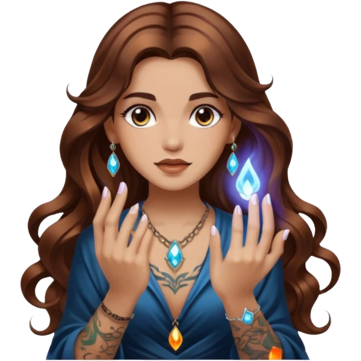 mystic woman long wavy brown hair tattoos lighting crystal with fingertip emoji