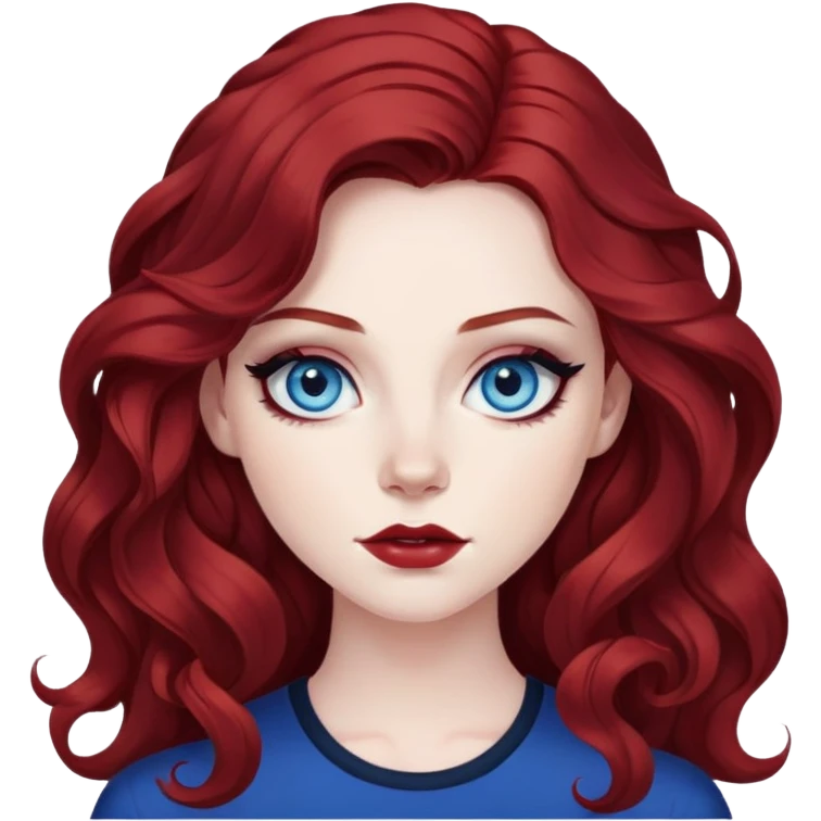 pretty baddie, dark red wavy hair, pale skin, long hair, blue eyes, bold black eyeliner emoji