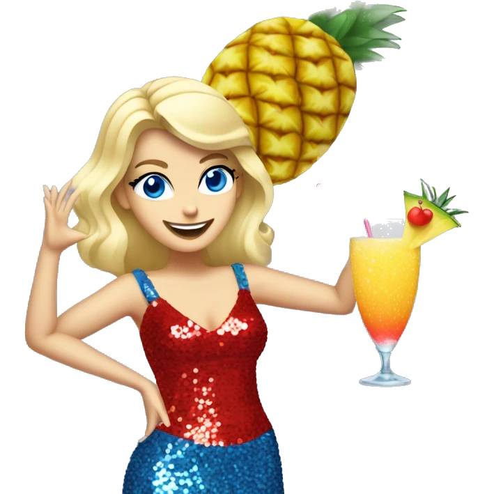 blonde white woman with blue eyes dancing in short red sequin dress while holding pineapple cocktail emoji
