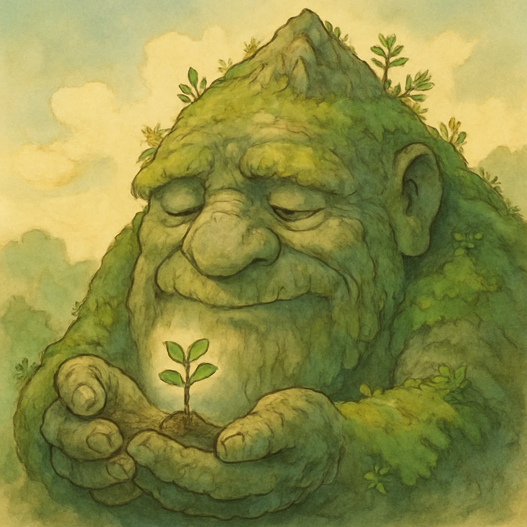 An ancient mountain spirit resembling a wise old creature with stone-like skin covered in moss and small plants growing from its body, gently cradling a tiny sapling, painted in a soft whimsical style emoji