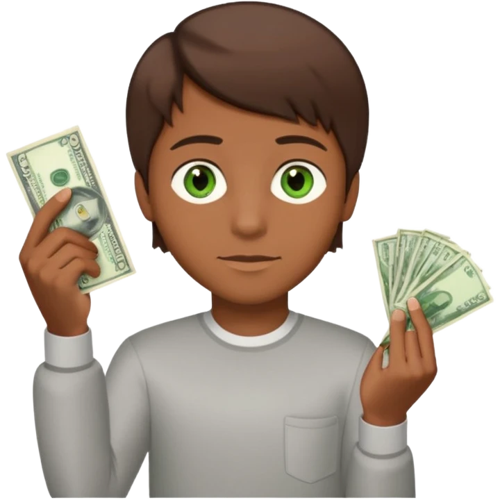 green eyes. handsome. young man. brown skin. brown hair. straight hair. short hair. white race. Holding money with his left hand emoji