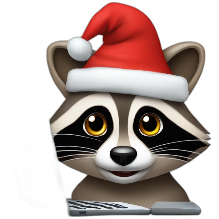the face of a raccoon with a christmas hat working on a laptop emoji