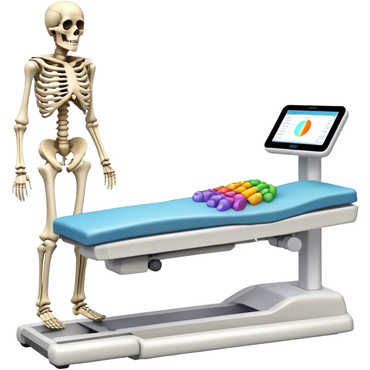 Medical DEXA scan showing bone density measurement, with skeleton visible and colored areas showing density levels emoji