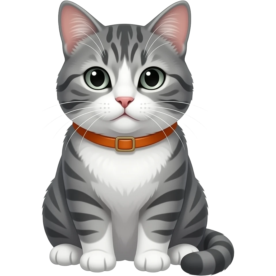 Que tenga más bigote largos, una mirada fría gris y patitas y estómago blanco, collar naranja, boca blanca, patitas blancas con un toque gris. Peludo algo gordito, bigotes caídos emoji