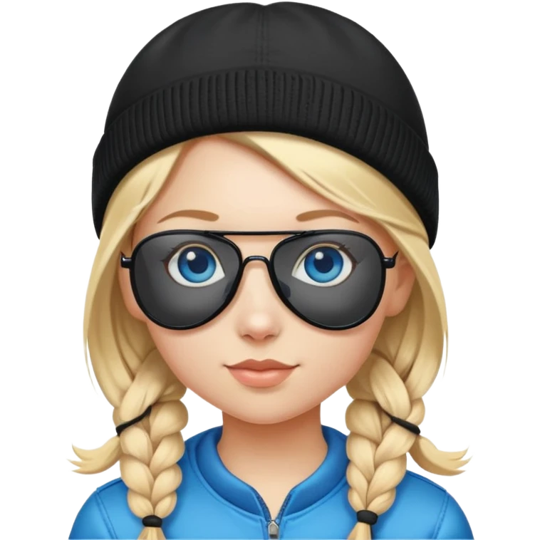 girl with pigtailed blond hair
with blue eyes and aviator sunglasses

wearing a black plain beanie emoji