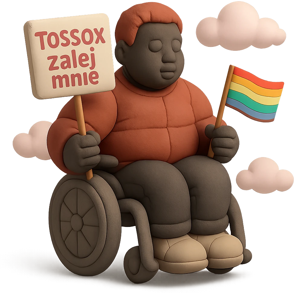 Cinematic shot advertising, Black man with red hair sitting on wheelchair holding lgbt flag holding text "T0ssox zalej mnie" pink clouds around, pink sky with pink back light emoji