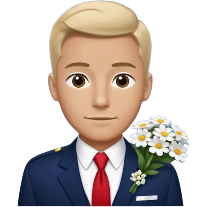 Homme avec bouquet fleurs blanches, avec uniforme bleu foncé cravate rouge, arabe raie sur le côté sans chapeau juste insigne sans bouton manchette et un peu bronzé emoji