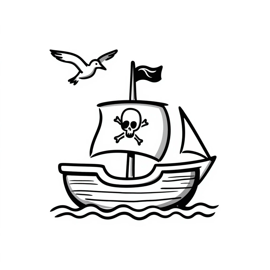 hand-drawn doodle style pirate ship with sketchy lines and playful flag emoji