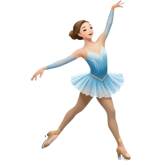An icon featuring a graceful figure skater performing an elegant spin on a glistening ice rink. The background includes soft lighting, a crowd in the stands, and snowflakes gently falling. Transparent background highlights the beauty, artistry, and precision of figure skating. emoji