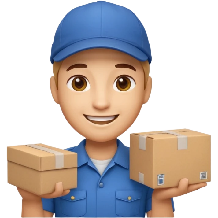 3D Apple-style emoji of a delivery worker holding a cardboard package. Wearing a cap and uniform shirt, smiling expression. Rounded, glossy, smooth, soft shadows, white background.




 emoji