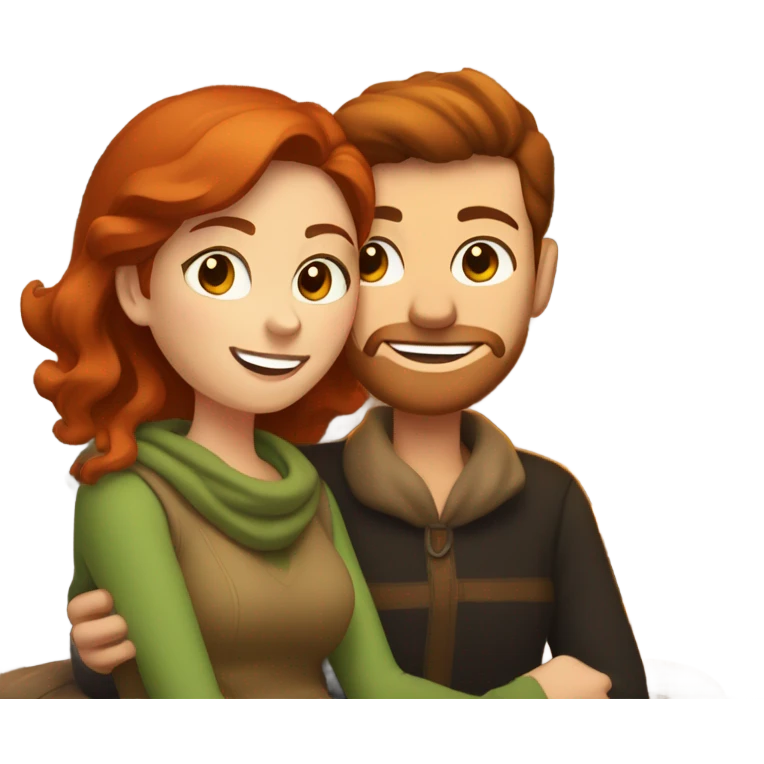 Redheaded woman and brown haired man cuddling by the fireplace emoji