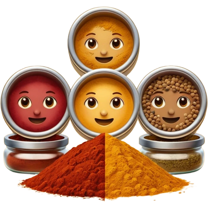 assorted loose spices three piles golden yellow deep red warm brown different textures side by side vibrant earthy colors no bowls jars tools faces clean 3D soft shadows transparent background emoji scale emoji