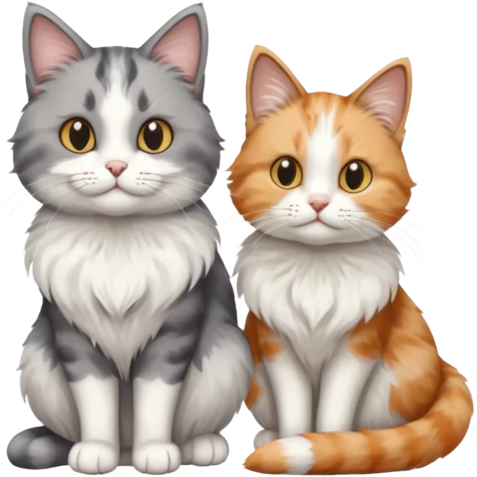 a realistic looking very fluffy grey and white cat sitting next to another cat emoji