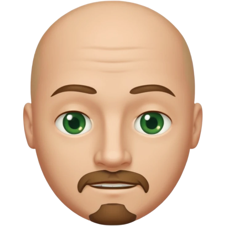 white caucasian bald man's face, with brown  round goatee and dark green eyes, oval face, rounded, big, little eyes a small smile emoji