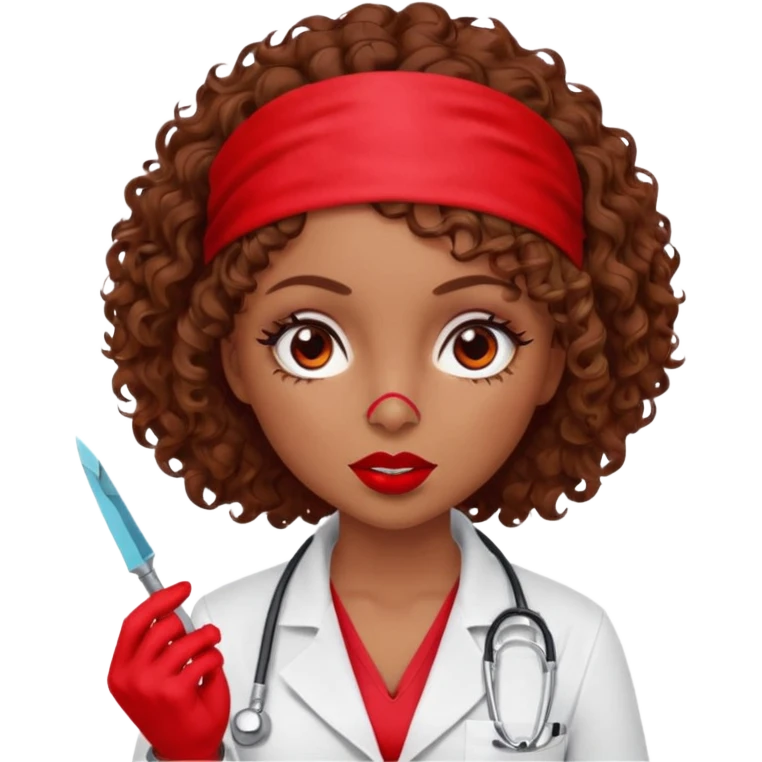 Lilith scalpel in hand, evil surgeon sexy surgeon clothes.  She has red eyes.Her  brown curly hair. Wears sexy doctor outfit with red gloves. Hides mouth necknose with red bandana to hide her identity. Hair is long and brown emoji