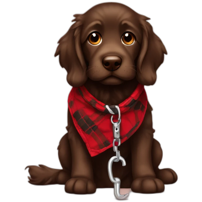 A chocolate colored doodle wearing a red and black flannel handkerchief holding his leash in his mouth emoji