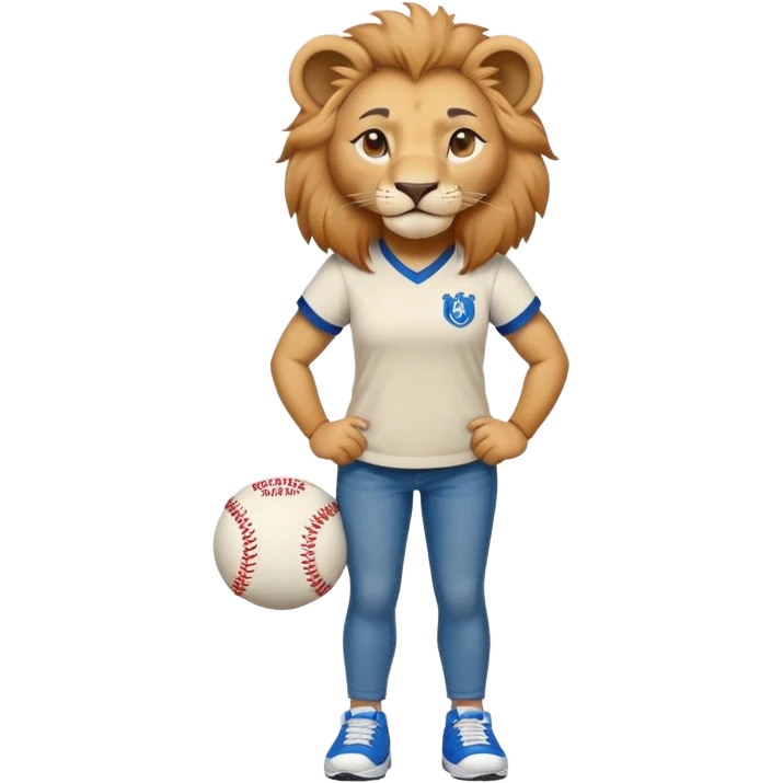 friendly anthropomorphised female lion wearing a baseball shirt, jeans, trainers, standing upright with arms folded, looking strong and confident emoji