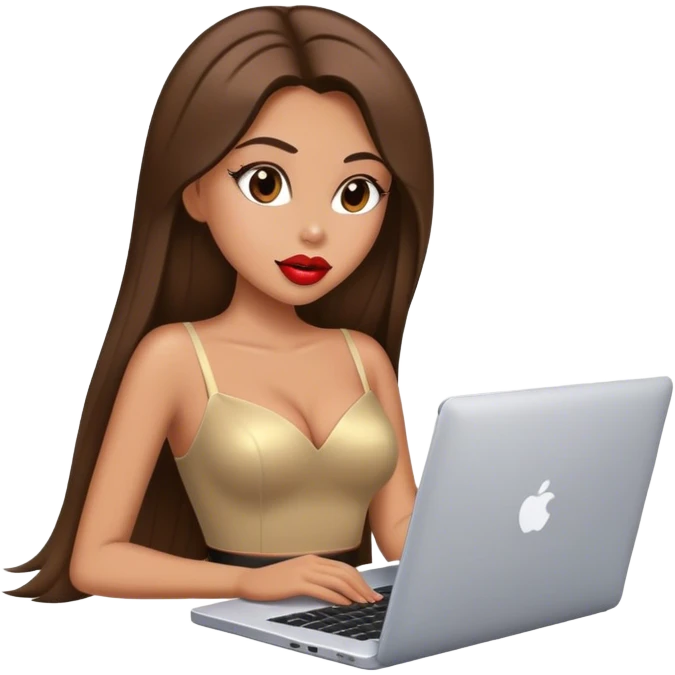 Glamour, with big lips, beautiful sexy girl, with long straight brunette hair, with laptop emoji