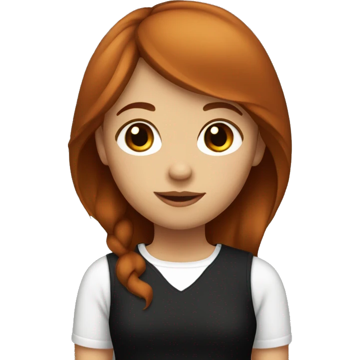 A girl with brownish red hair that has side bangs and a black top emoji