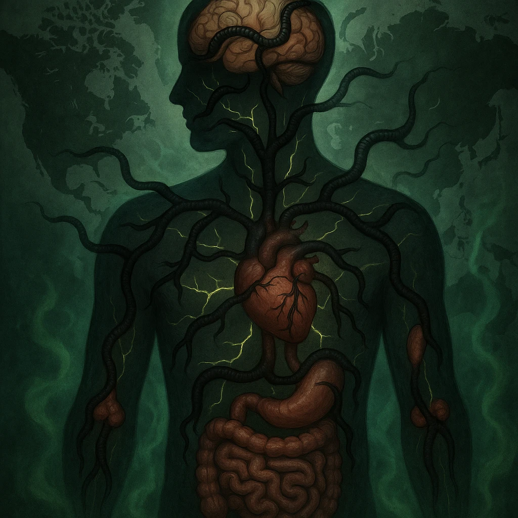 semi-realistic, allegorical; human silhouette with visible organs, dark worm-like parasites branching into brain, heart, gut, joints, world map background, glowing cracks, green mist, medical-fantasy emoji