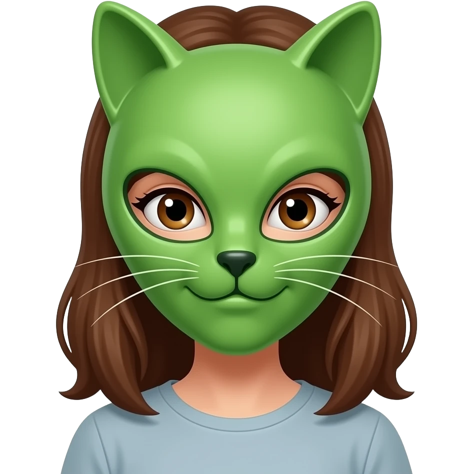 A girl wearing a alien cat cat mask on her face with brown hair and brown eyes emoji