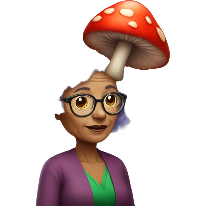 Small elder woman with glasse- lavender fluffy hair- big red mushroom hat- green dress- small mosquito wings emoji