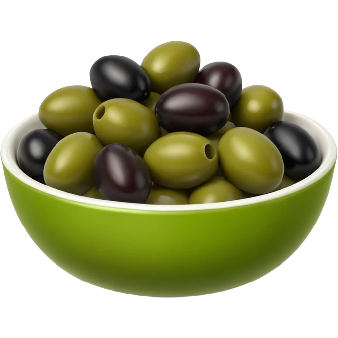 olives object icon, black and green olives in a small bowl, glossy look, 3D cartoon, mobile game icon style, clean background, no text, no watermark
 emoji