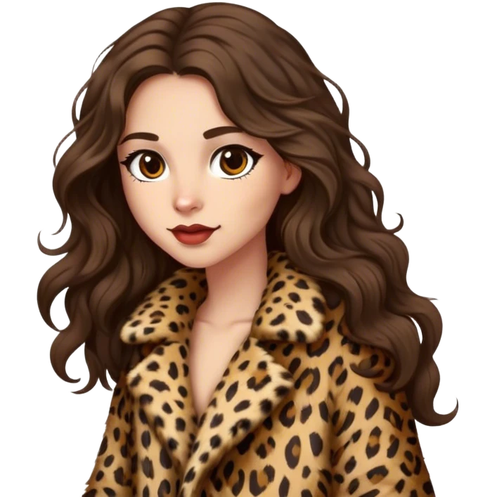 Brunette girl with long wavy hair in leopard fur coat  emoji