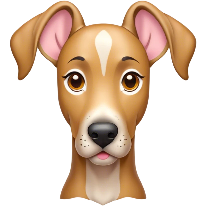 Cinematic Cute Fawn Great Dane Portrait Emoji, Head tilted playfully and inquisitively, showcasing a glossy fawn coat with a subtle luster, round, sparkling amber eyes filled with curiosity, Simplified yet irresistibly adorable features, highly detailed, glowing with a warm, friendly glow, high shine, affectionate and gentle, stylized with a touch of whimsy, bright and endearing, soft glowing outline, capturing the essence of a mischievous yet loving pup, so playful it feels like it could lumber out of the screen and into your arms! emoji