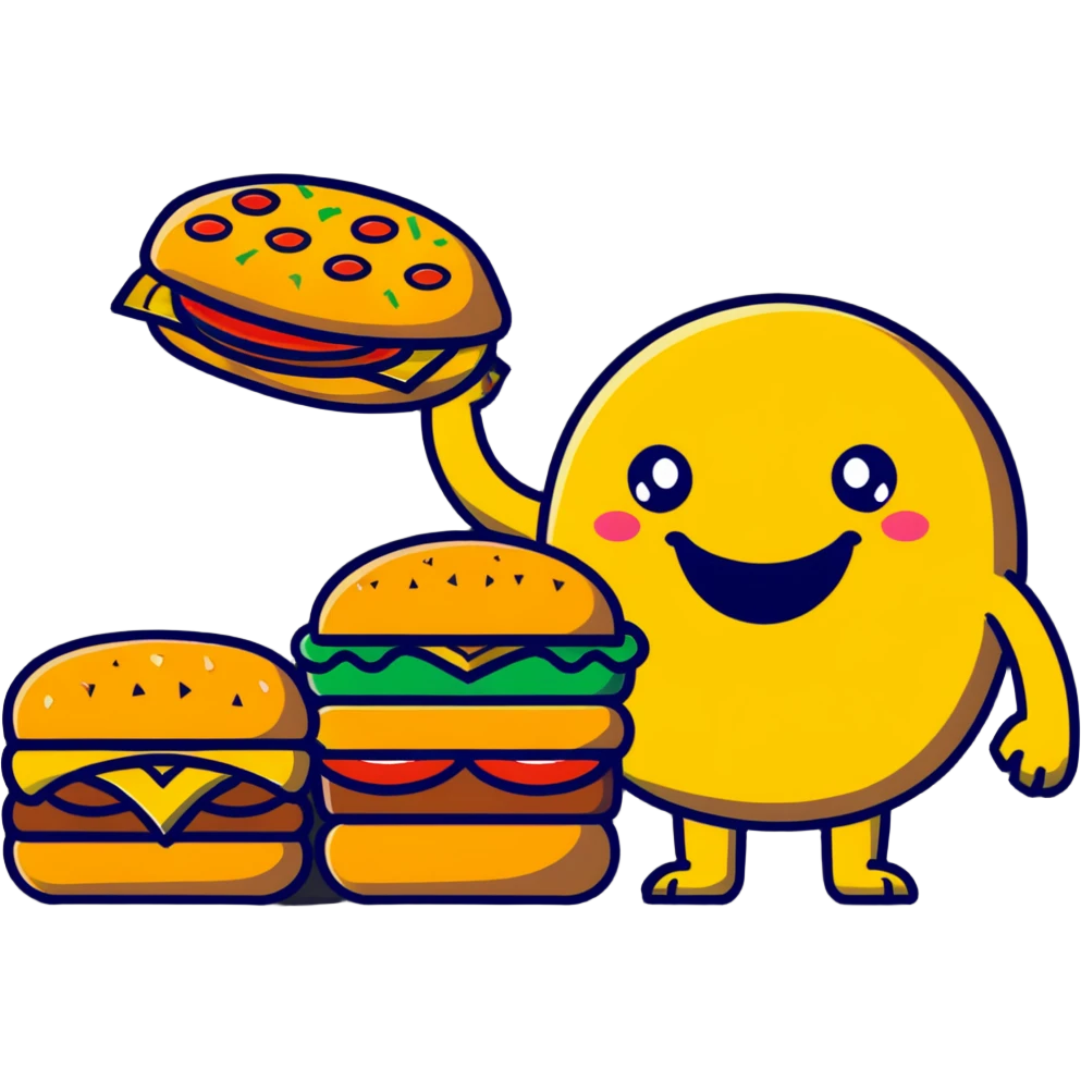 A fun food monster made of burger, pizza, and fries with cartoon eyes and a big smile emoji