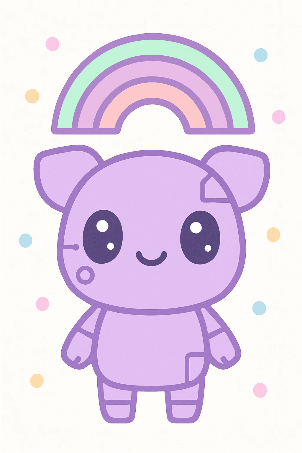purple cyborg pig with a rainbow over her head, cute kawaii style emoji