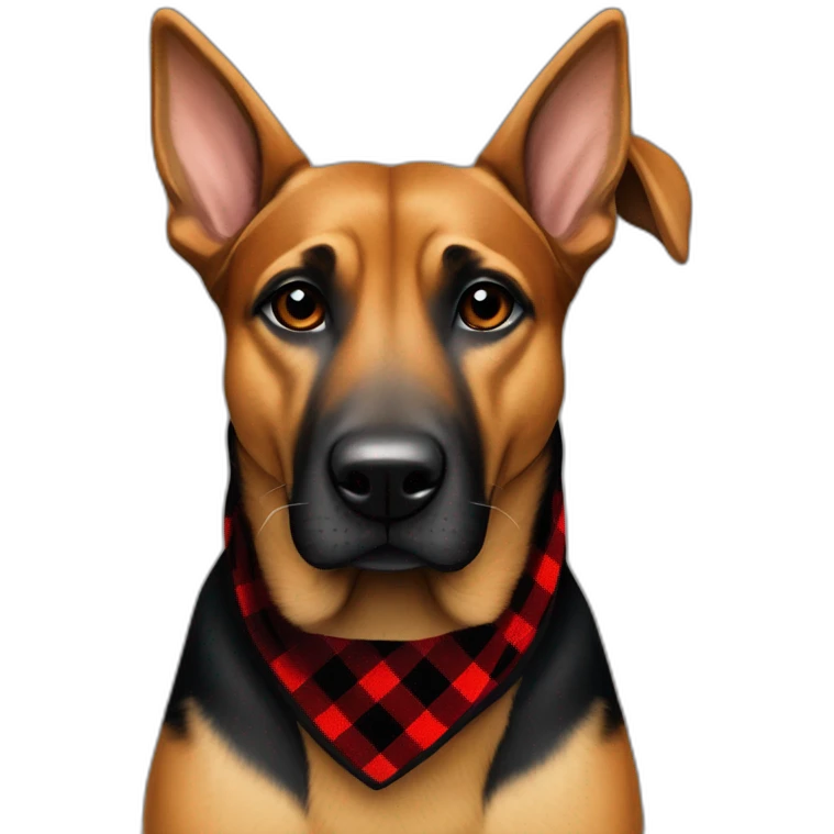 75% Coonhound 25% German Shepherd mix dog wearing small pointed red buffalo plaid bandana pointing down side view full body facing left emoji