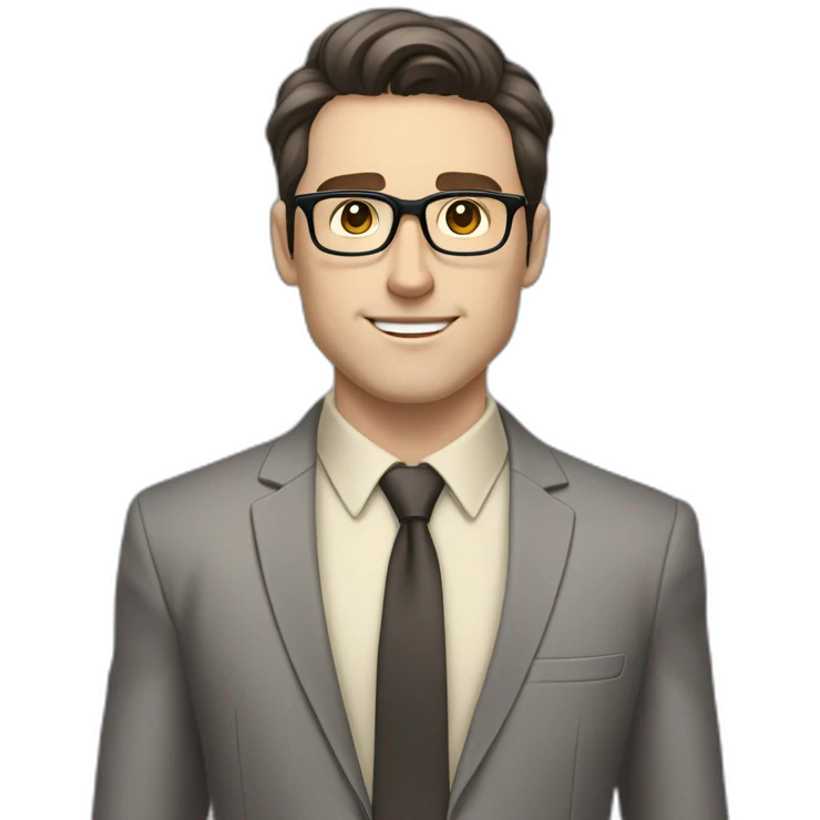 Full height Pale skinned Fit Man With dark brown hair in classic gray suit, beige office shirt, dark gray tie, and vintage glasses. His hands lock emoji