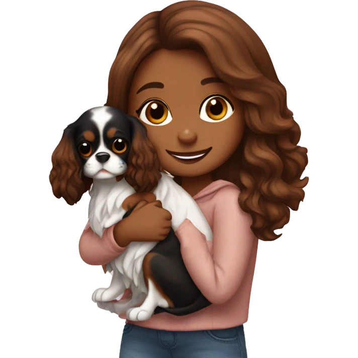 cute girl hugging two black and brown cavalier king charles spaniel  emoji