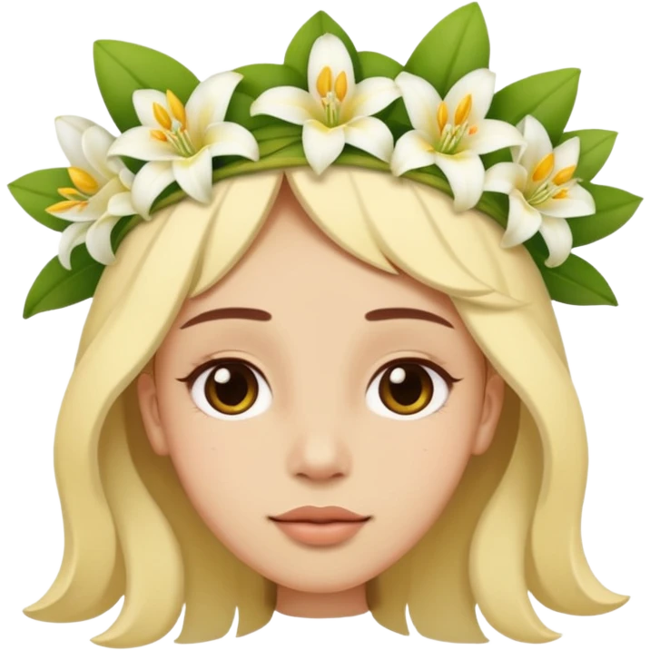 Emoji Face upside down 🙃, with a flower crown on his head, a crown of small white and yellow lilies emoji
