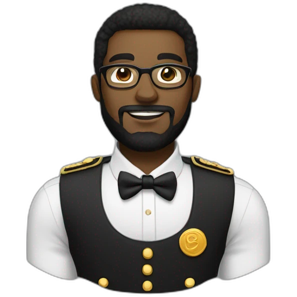 black soldier with beard, part in black hair, white collared shirt, bow tie, gold frame glasses, bulletproof vest  emoji