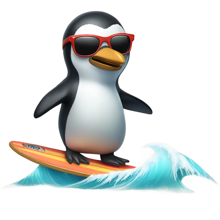 Penguin surfing with Hawaiian shirt and sunglasses emoji