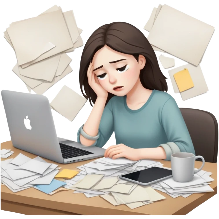tired woman at a desk with a MacBook, surrounded by messy papers, emphasizing disorganization emoji