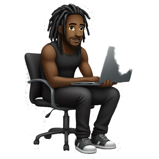 Black-guy-with-dreads-wearing-black-trackstuit-sitting-down-on-chair facing-foward-focused-on-laptop-computer- emoji