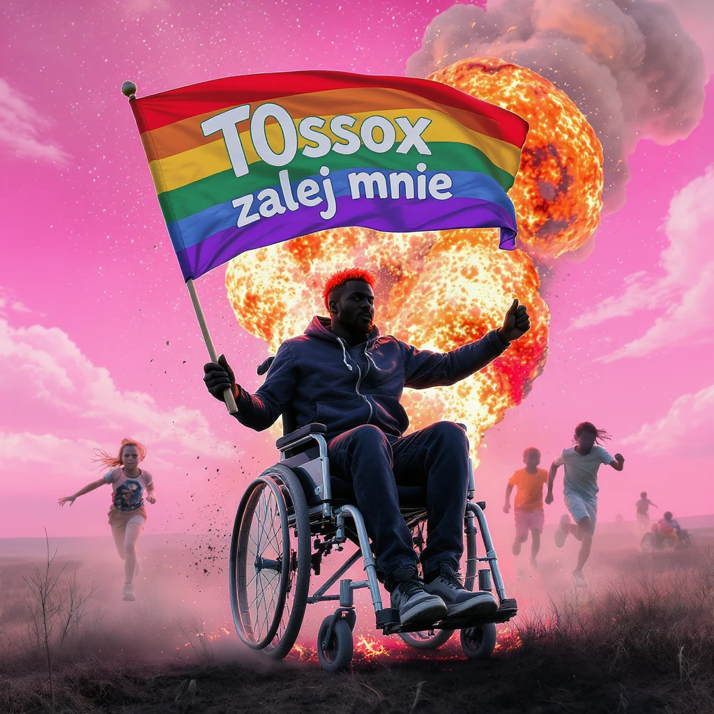 Black man with red hair sitting on wheelchair holding lgbt flag holding text "T0ssox zalej mnie" explosion behind and kids running away, pink clouds around, pink sky with pink back light emoji