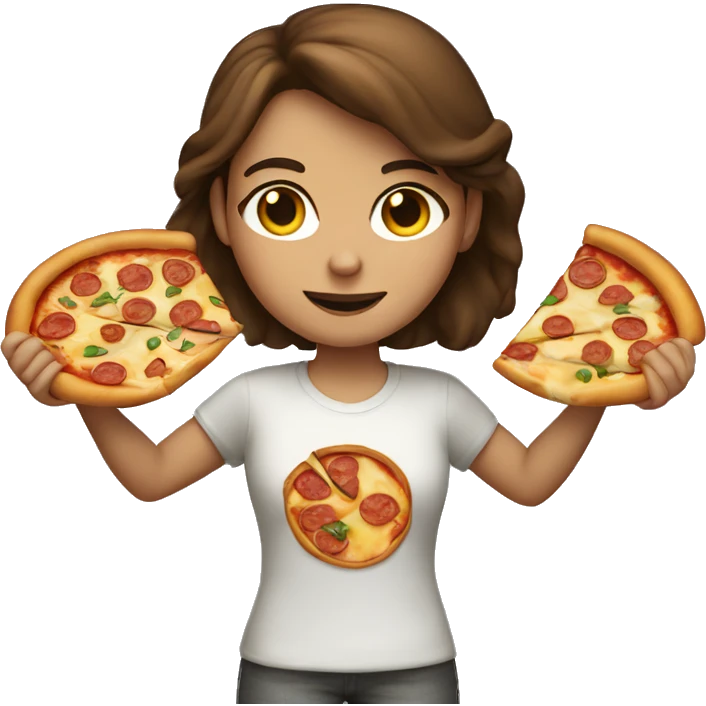 Brown haired girl holding a slice of pizza emoji