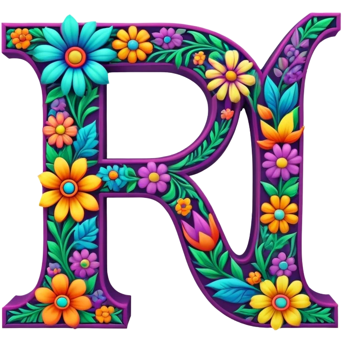 3D, gothic style psychedelic colored capital Letter “D” with hippie style flower border emoji
