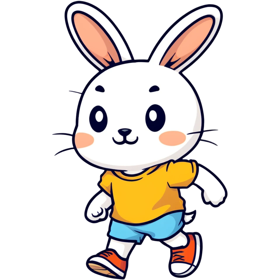 retro 1930s anthropomorphised rabbit in a t-shirt and shorts walking black and white emoji