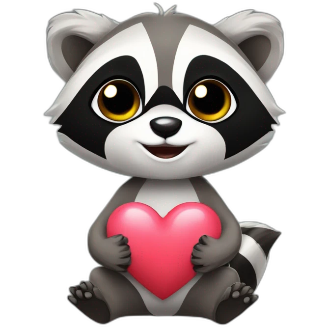 We just see his heads, cute cartoon racoon with a heart in his hands, we use the heart like a piloow and wears a mask emoji